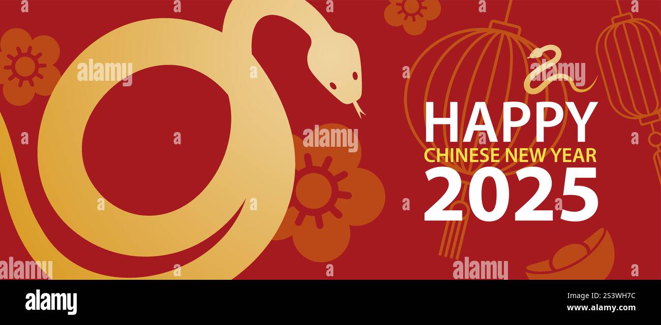 Fond de modèle de bannière du nouvel an chinois 2025 heureux. Carte de voeux du nouvel an chinois année du serpent. Illustration de Vecteur