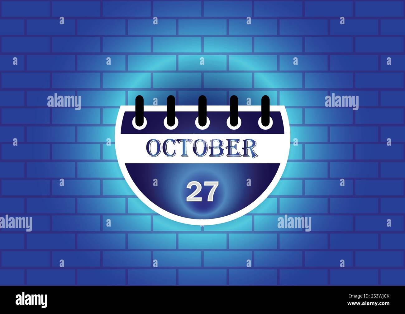 Une page de calendrier stylisée montrant le 27 octobre. La conception comporte un calendrier circulaire contre un mur de briques bleues, mis en évidence avec une lueur douce. Illustration de Vecteur