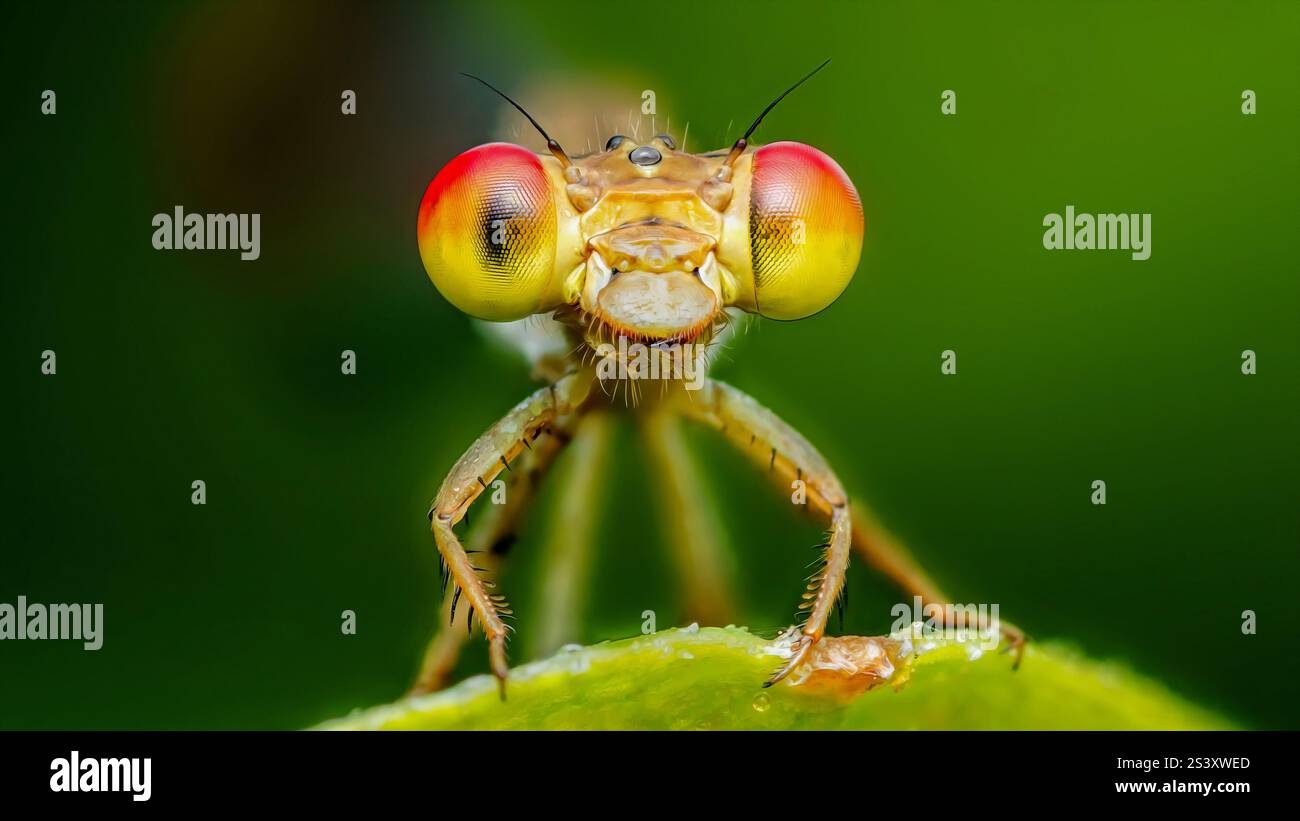 Gros plan extrême d'une demoiselle posant sur une feuille verte, mettant en valeur ses grands yeux rouges et jaunes Banque D'Images