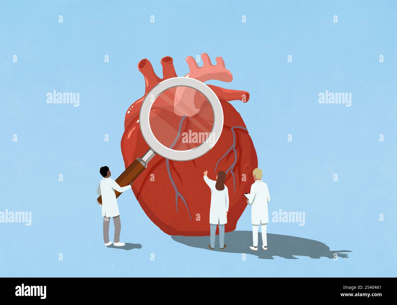 Médecins cardiologues tenant une grande loupe au-dessus du cœur Banque D'Images