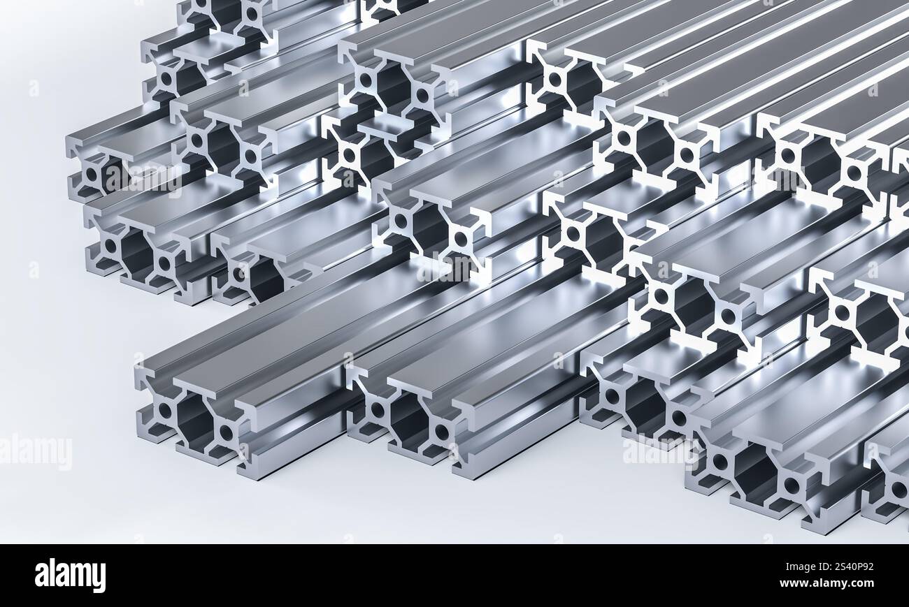 Profils extrudés en aluminium empilés fond industriel 3d Banque D'Images
