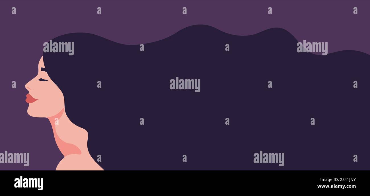 Belle femme avec de longs cheveux dans le profil. Femme avec de longs cheveux coulants. Modèle de bannière pour salon de beauté, salon de coiffure, Journée des femmes Illustration de Vecteur