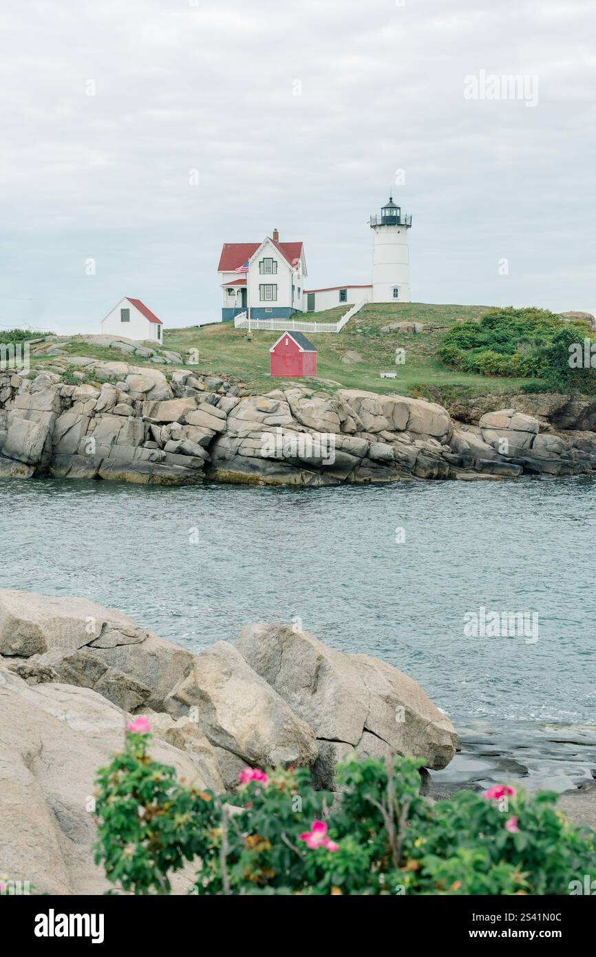 Phare côtier sur une rive rocheuse avec un hangar rouge et des fleurs roses. Banque D'Images