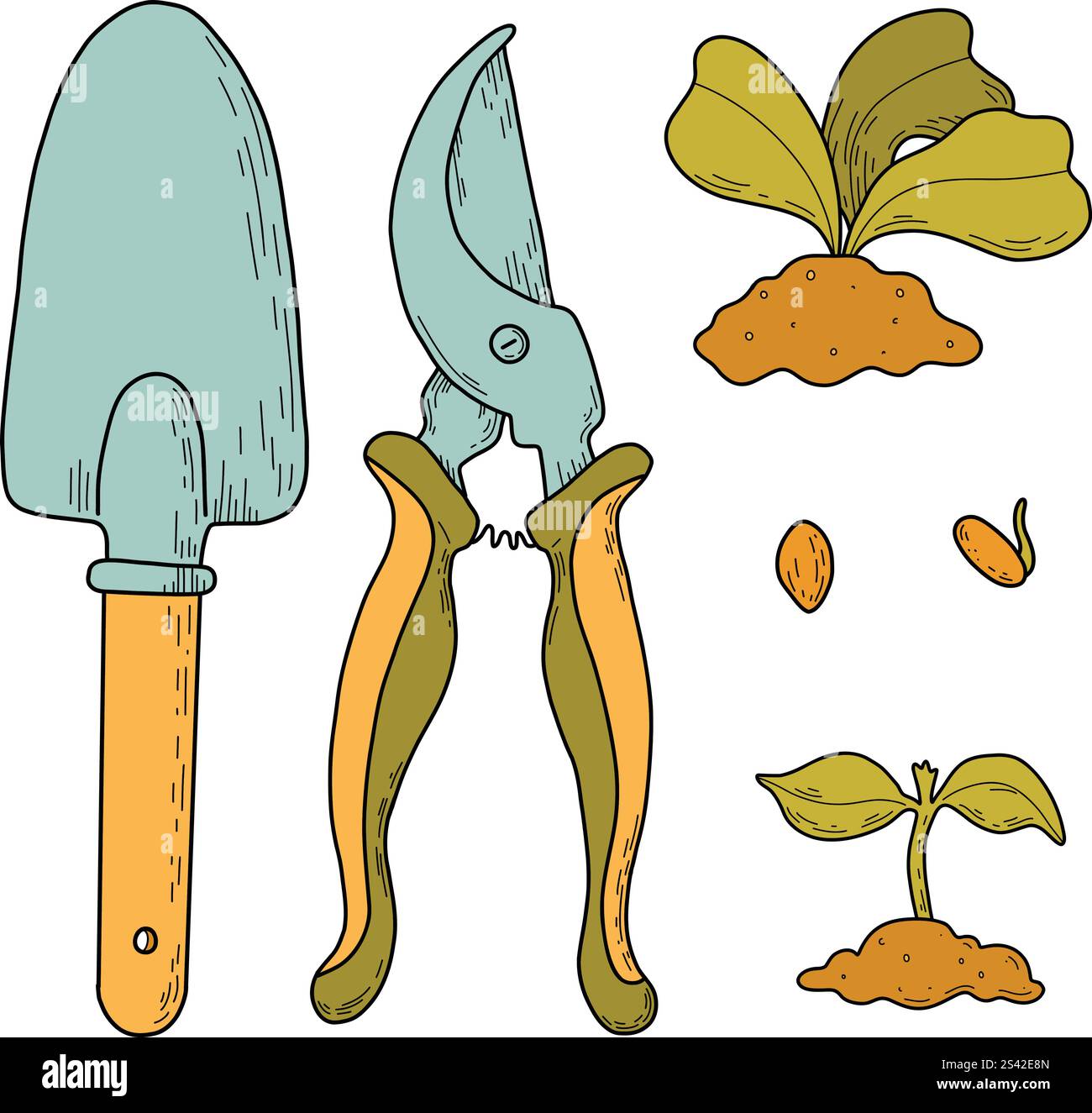 Jardin. Grand ensemble d'illustrations vectorielles de l'agriculture. Outils de jardin, collection de ménage. Cultiver des légumes. Plantes de serre de printemps, semis Illustration de Vecteur