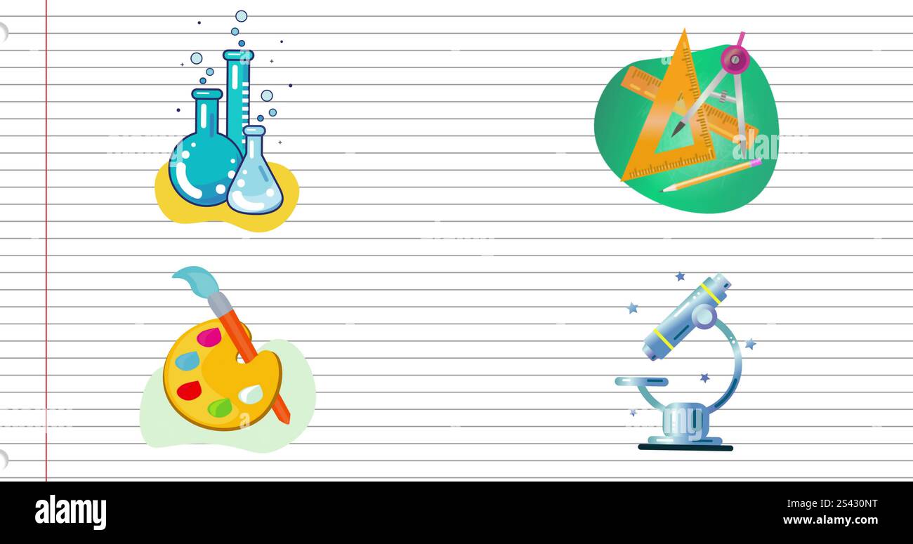 Image des icônes de chimie, de mathématiques, d'art et de biologie sur une page de cahier ligné Banque D'Images