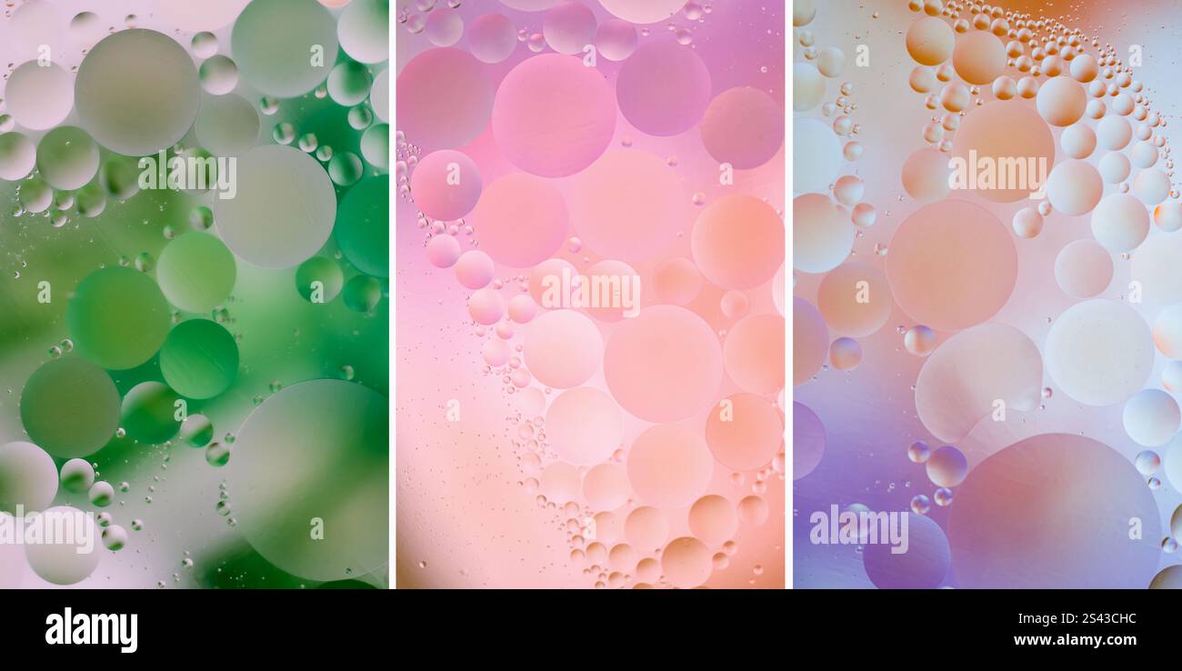 Fond abstrait représentant des gouttelettes d'huile dans l'eau créant des motifs colorés et rêveurs avec des nuances de dégradé de vert, rose et orange.3 vertical im Banque D'Images