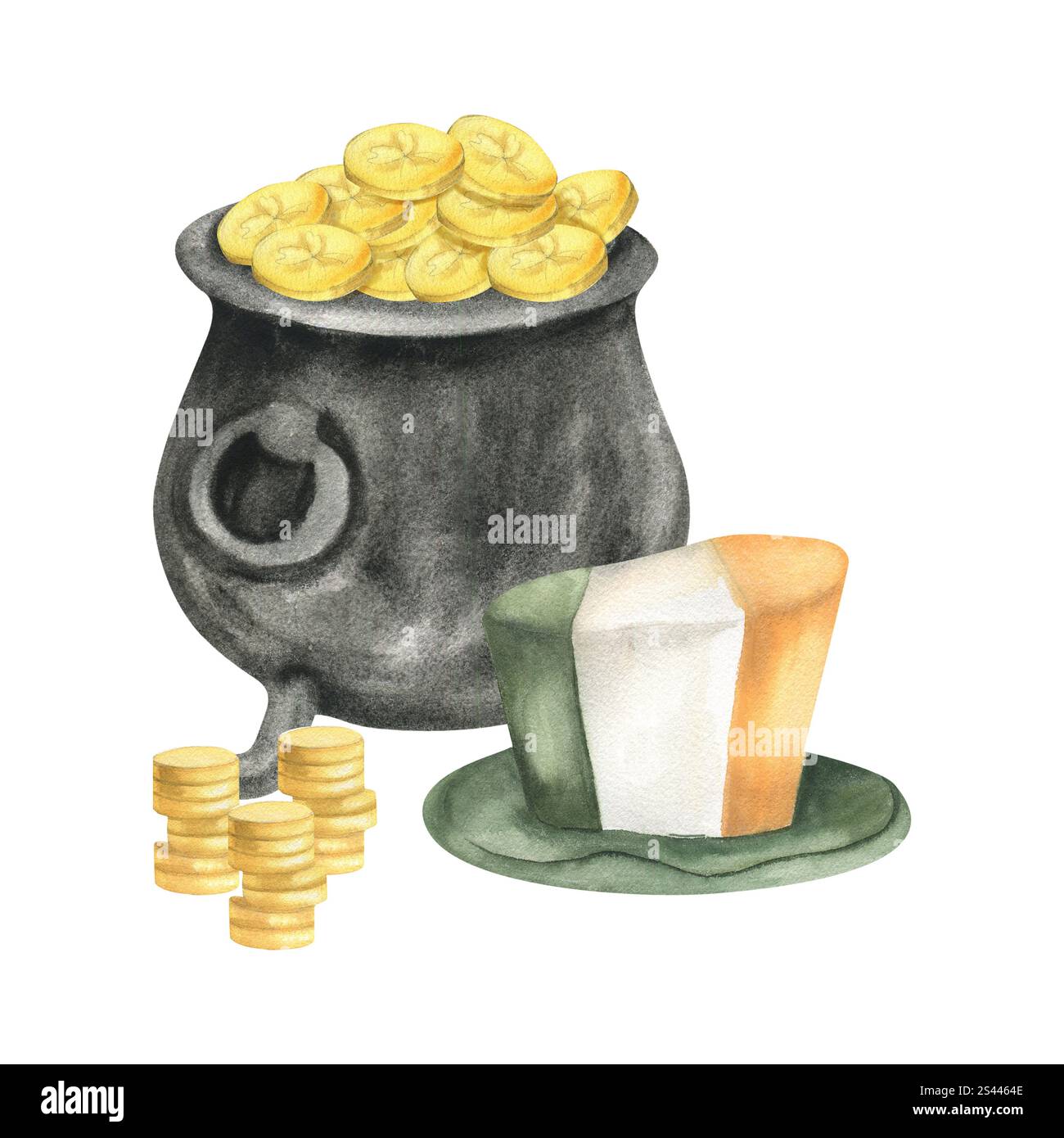Pot de pièces d'or, drapeau irlandais chapeau de leprechaun coloré Saint Patrick illustration aquarelle. Clipart festif de printemps dessiné à la main pour l'Irlande traditiona Banque D'Images