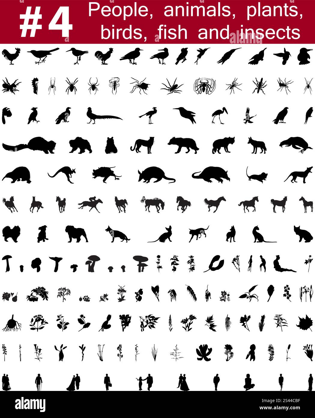 Grande collection de silhouettes vecteur collage de personnes, d'animaux, oiseaux, poissons, insectes et fleurs Illustration de Vecteur