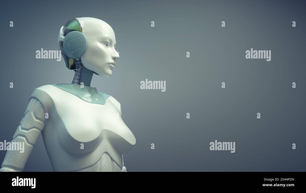 Robot humain féminin. Intelligence artificielle et concept d'innovation. Il s'agit d'une illustration de rendu 3D. Banque D'Images
