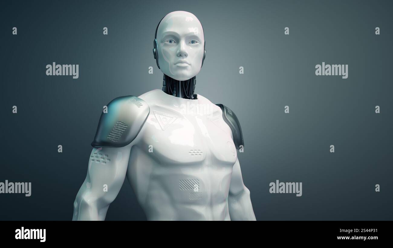Robot humain masculin. Intelligence artificielle et concept d'innovation. Il s'agit d'une illustration de rendu 3D. Banque D'Images