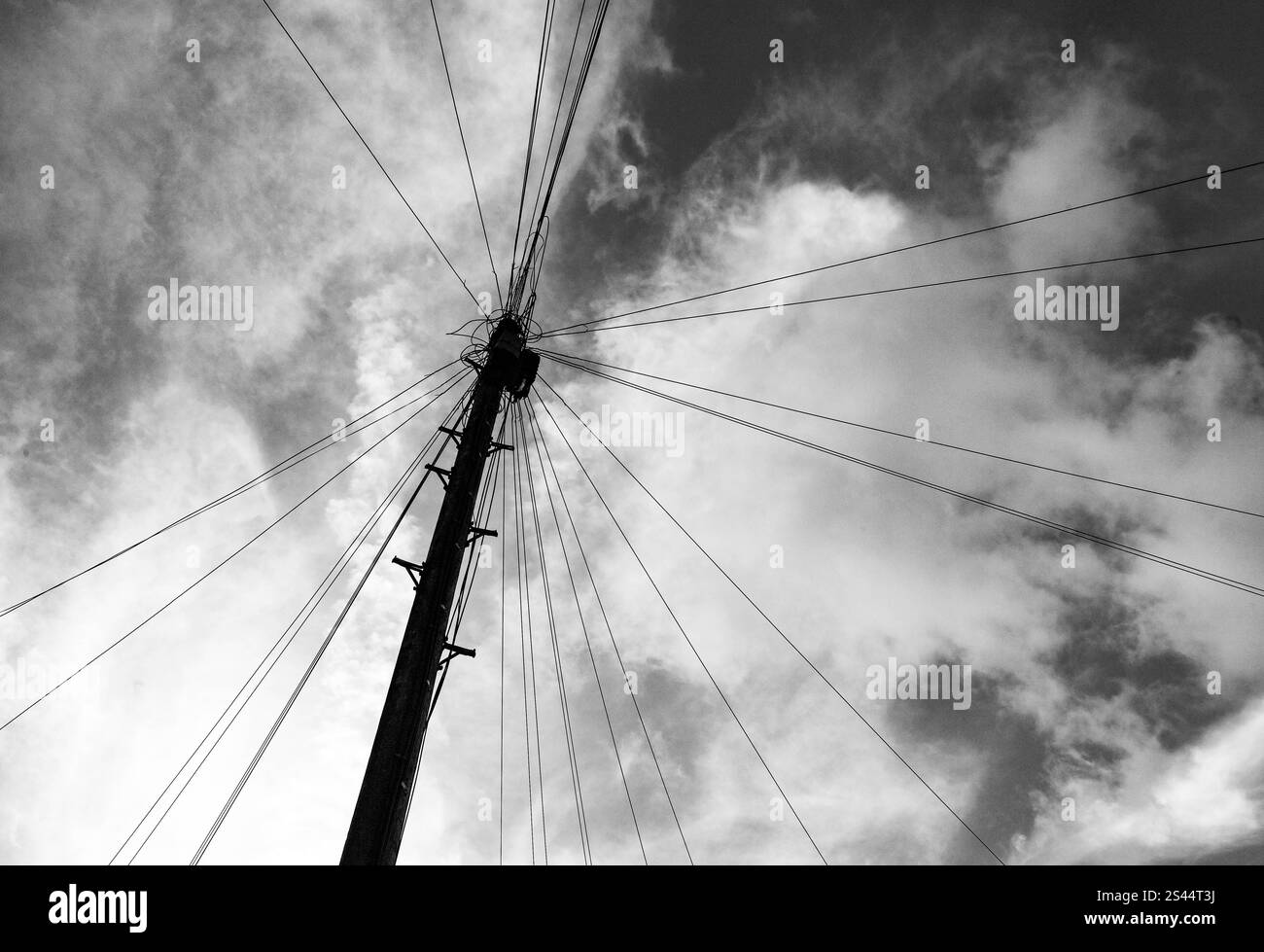 En regardant vers BT Open Reach Telegraph Pole et les câbles téléphoniques avec le ciel derrière à Brighton UK Banque D'Images