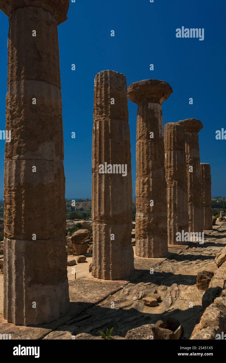 Rangée de colonnes cannelées dans la vallée des temples (la Valle dei Templi) à Agrigente, Sicile, Italie, site de la cité grecque antique d'Akragas. Banque D'Images