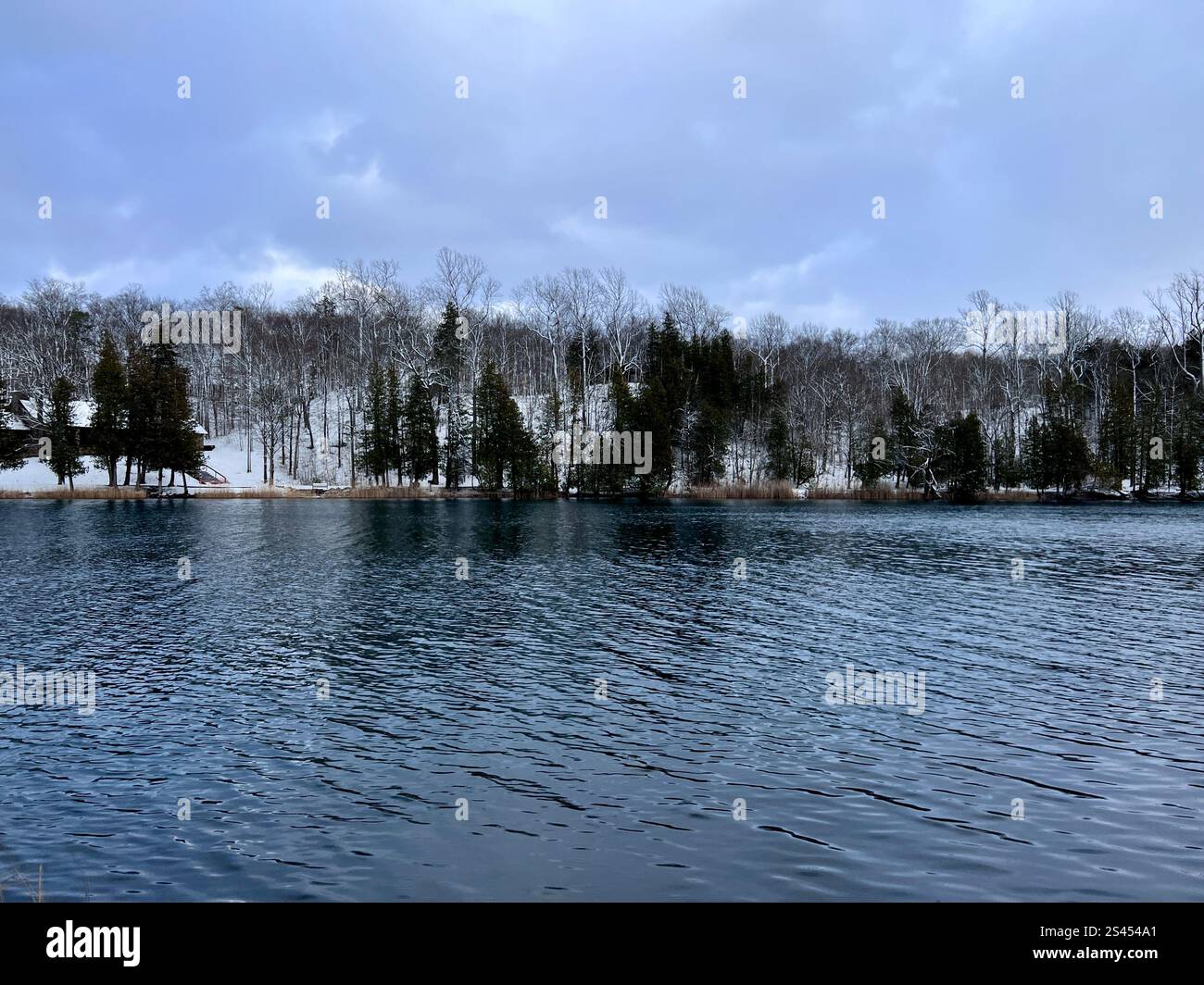 Belle scène de lac à Green Lakes, Syracuse New York. Lac arboré avec de la neige couvrant le sol et des eaux calmes. Ciel nuageux. Personne. Banque D'Images