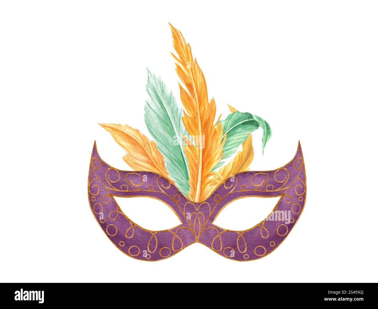 Masque de mascarade à l'aquarelle avec illustration orange, verte de plumes d'oiseau. Elégant mardi gras, attribut du festival brésilien pour la parade de costumes de carnaval. Banque D'Images