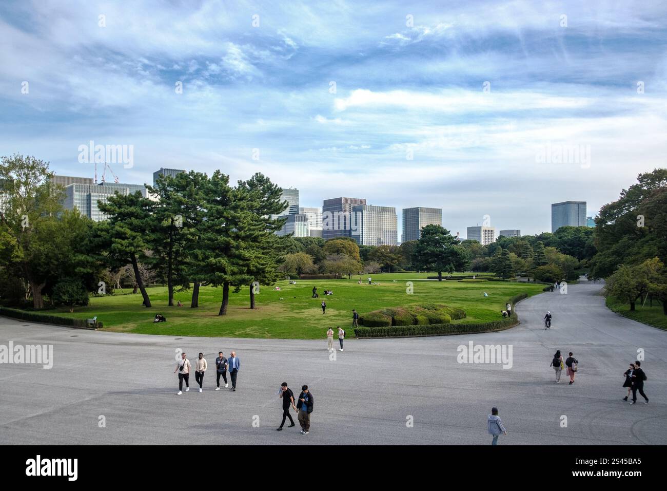 À l'intérieur des jardins nationaux de l'est du Palais impérial avec les tours formant la ligne d'horizon d'Otemachi et Marunouchi, (Chiyoda City) comme toile de fond. Banque D'Images