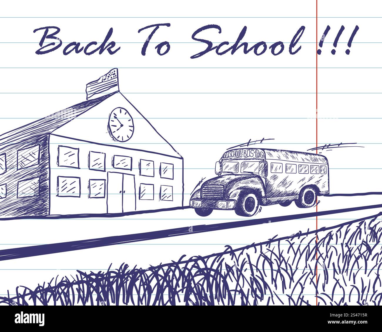 Doodle tracée d'autobus scolaire conduisant jusqu'au bâtiment de l'école. Illustration de Vecteur