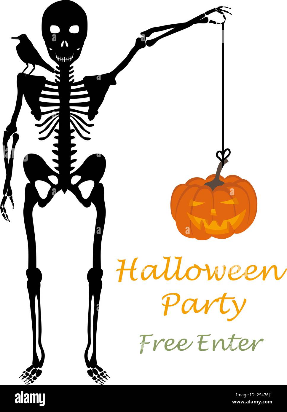 Message d'Halloween invitation (carte). Design élégant avec squelette pendu holding pumpkin en main et raven assis sur son épaule sur fond blanc. Vector illustration. Illustration de Vecteur