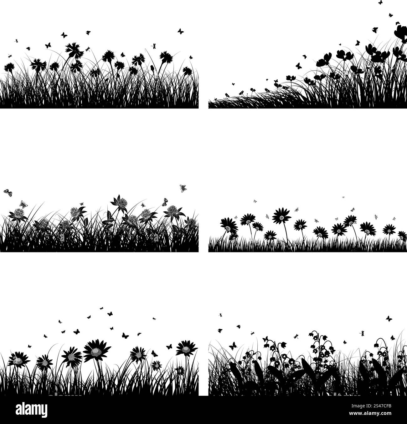 Ensemble de 6 milieux prairie de fleurs et papillons. Illustration de Vecteur