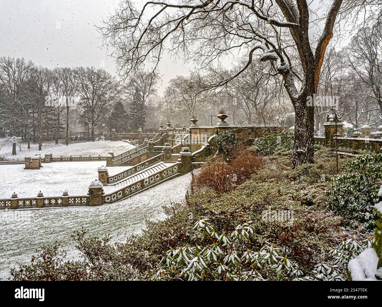 Bethesda Terrace et Fountain sont deux caractéristiques architecturales surplombant le lac dans Central Park à New York, pendant la tempête de neige Banque D'Images