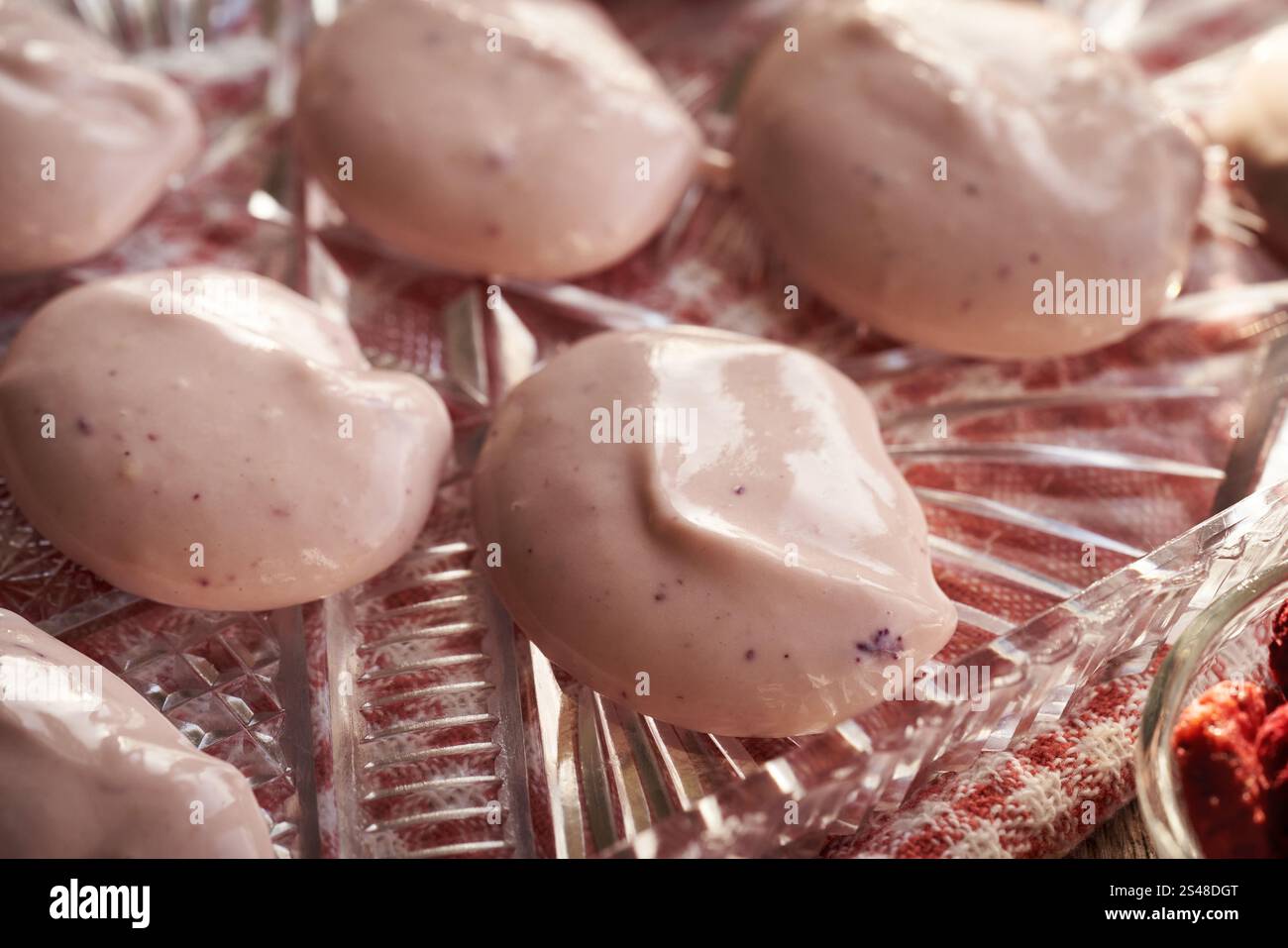 Préparation de desserts sains alternatifs à base de yaourt, de protéines de lactosérum et de fruits forestiers congelés Banque D'Images