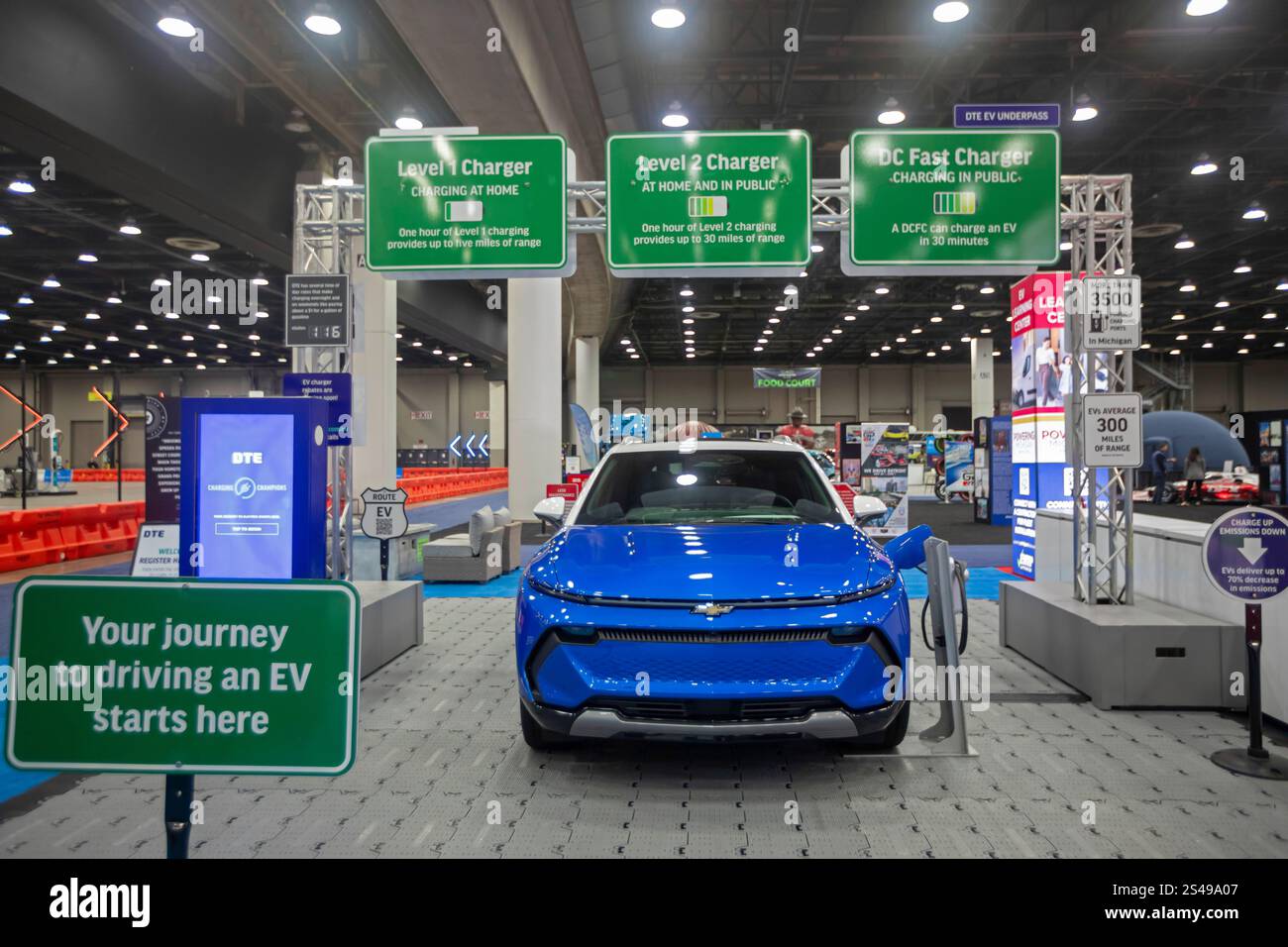 Detroit, Michigan, États-Unis. 10 janvier 2025. Différents types de chargeurs de véhicules électriques expliqués au salon de l'auto de Detroit 2025. Crédit : Jim West/Alamy Live News Banque D'Images