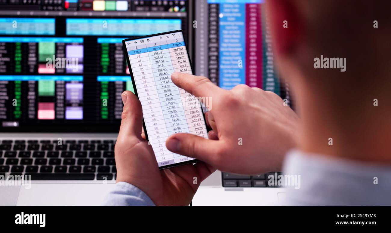 Analyste de données de feuille de calcul utilisant un logiciel informatique sur téléphone Banque D'Images