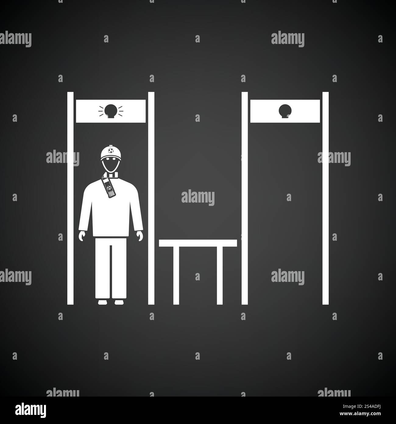 Détecteur de métal du stade avec l'inspection du châssis l'icône du ventilateur. Fond noir avec blanc. Vector illustration. Illustration de Vecteur