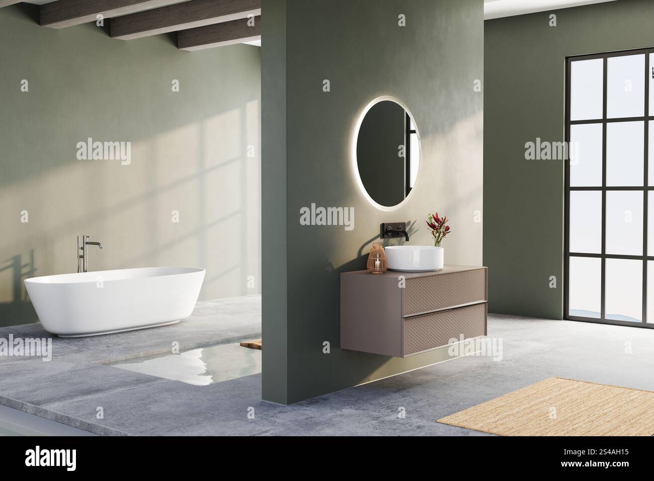 Salle de bains moderne aux murs verts, miroir rond rétroéclairé, meuble-lavabo flottant, baignoire sur pied, décor minimaliste dans un espace lumineux et ouvert. Rendu 3D. Banque D'Images