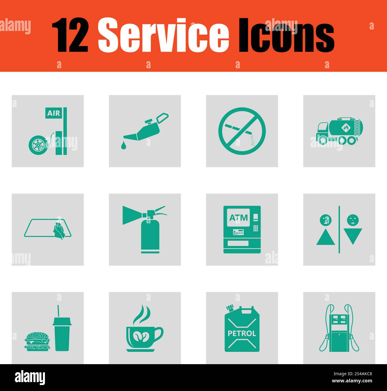 Ensemble de douze icônes de station-service. Ensemble de douze icônes de station-service. Vert sur motif gris. Illustration vectorielle. Illustration de Vecteur