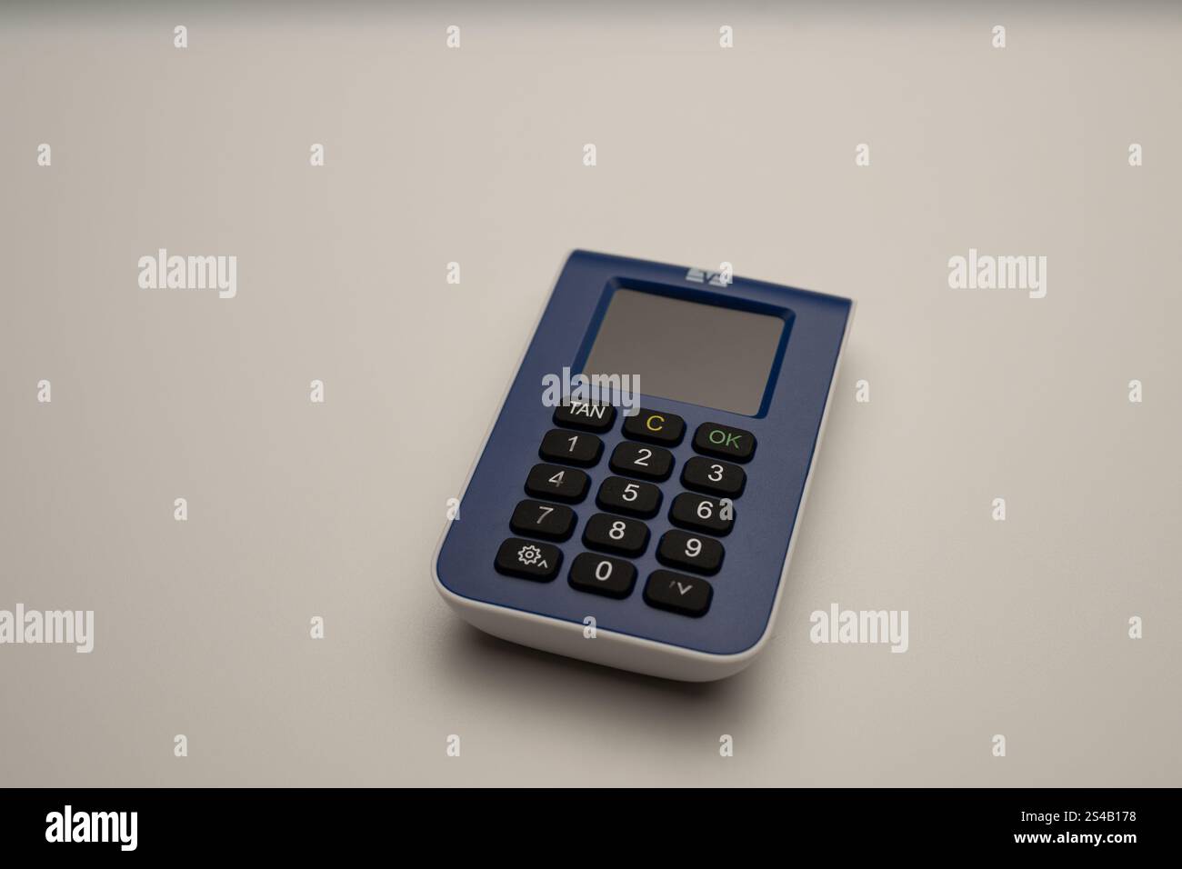 , Deutschland, 11.01.2025, Ein blauer TAN-Generator liegt auf einem schlichten, neutralen Hintergrund. Symbole für Sicherheit, modernes Banking und di Banque D'Images