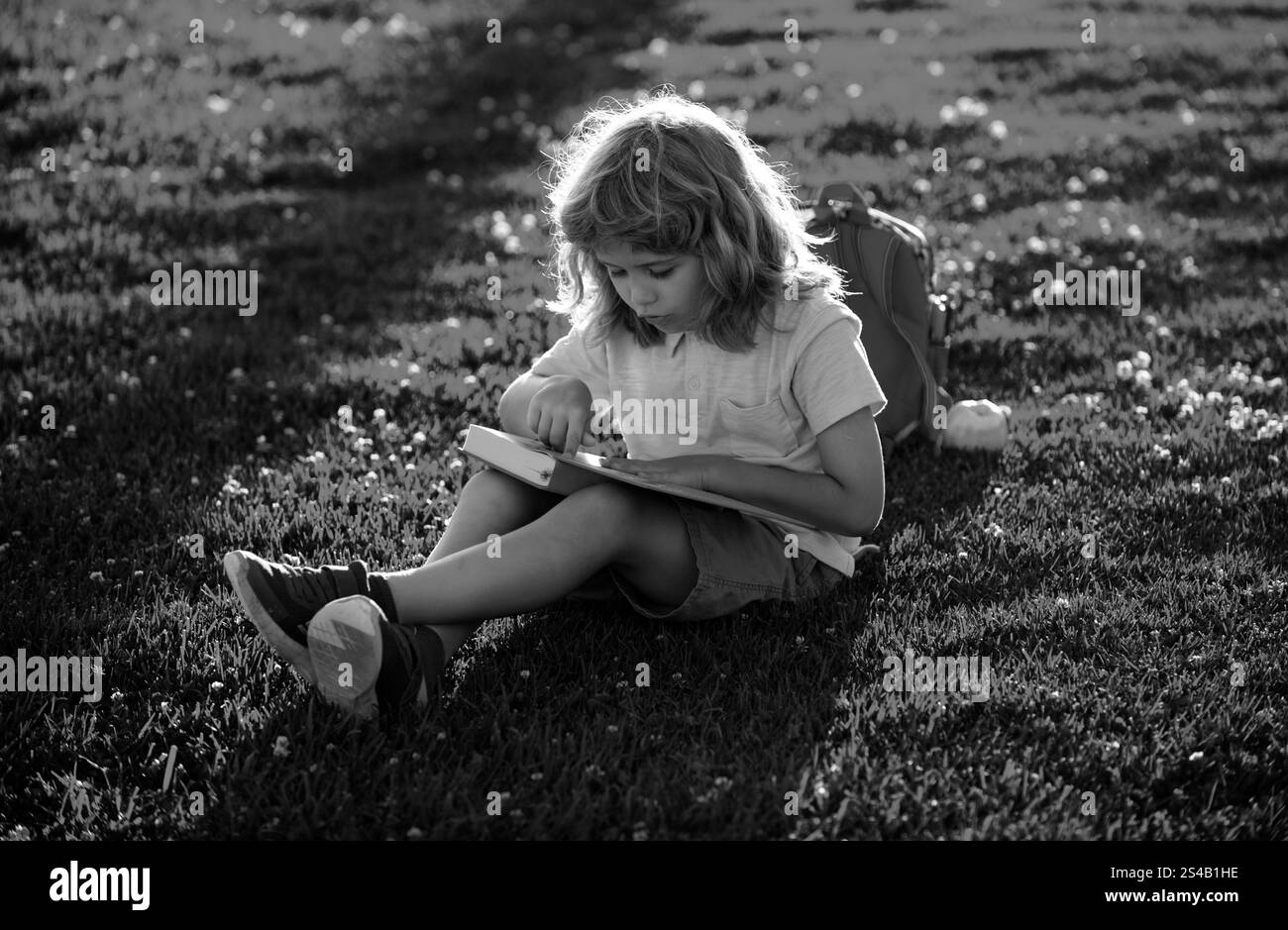 Mignon garçon lisant un livre sur l'herbe. Un enfant lit un livre dans le parc d'été. Concept d'apprentissage. Banque D'Images