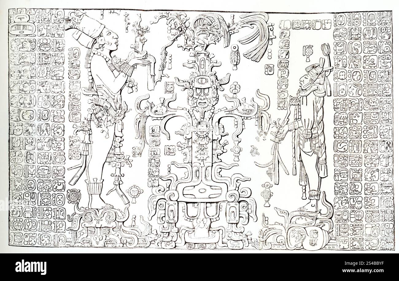 La légende de 1924 se lit comme suit : « panneau sculpté du temple de la Croix foliée à Palenque au Mexique. Adorateur maya présentant une figure symbolique à une divinité anthropomorphe qui se tient sur une coquille. Dans la coquille se trouve le «Dieu à long nez» (Chac-Tlaloc) de la main duquel une plante émerge et enferme la tête du «Dieu du maïs». La croix au centre surmontée de la dinde (oiseau de pluie) représente une divinité dont jaillit le maïs. De [livre] Un aperçu du Guatemala par Un P et Un C Maudslay. Banque D'Images