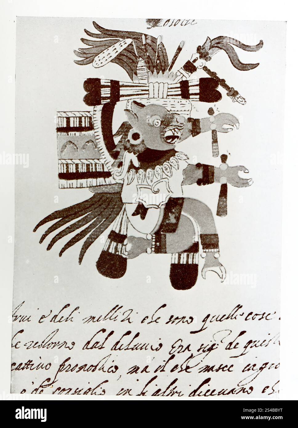 La légende de 1924 se lit comme suit : « Xolotl comme Dieu chien. Le Dieu Xolotl (prononcé shol-ot’l) dans le Codex Vaticanus A, avec une partie de l’interprétation du prêtre italien reçue des Aztèques. Cette divinité était dans l'un des aspects un «chien d'Hadès», et, comme le Dieu égyptien à tête de chien Anubis, un guide des âmes. Le Dieu de la mort indien Yama avait une forme de chien. Les Aztèques ont sacrifié un chien pour conduire les morts à l'autre monde. Xolotl est ici une divinité complexe, il était connecté avec le feu, la foudre et le soleil, et aussi avec la fertilité, la terre et les sacrifices, ici il est montré avec des symboles pénitentiels et autres sur sa tête Banque D'Images