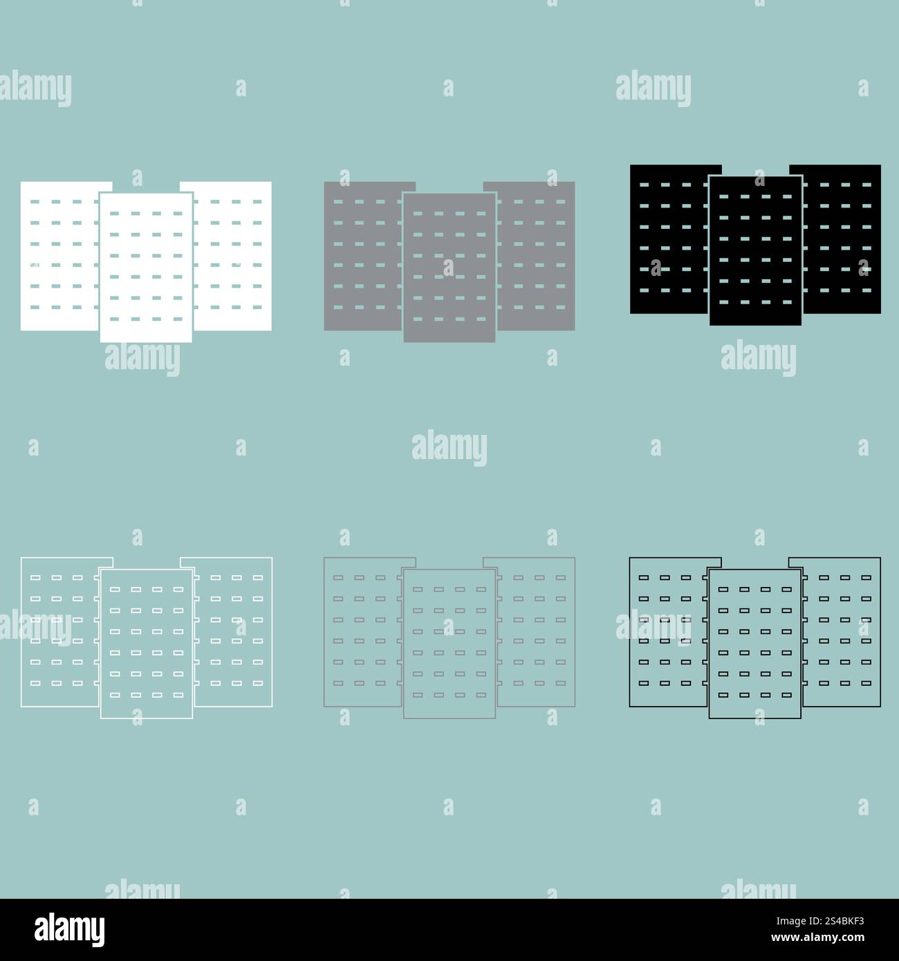 Icône de trois bâtiments blanc gris noir.. Jeu de trois icônes de couleur blanc gris noir de bâtiment. Illustration de Vecteur
