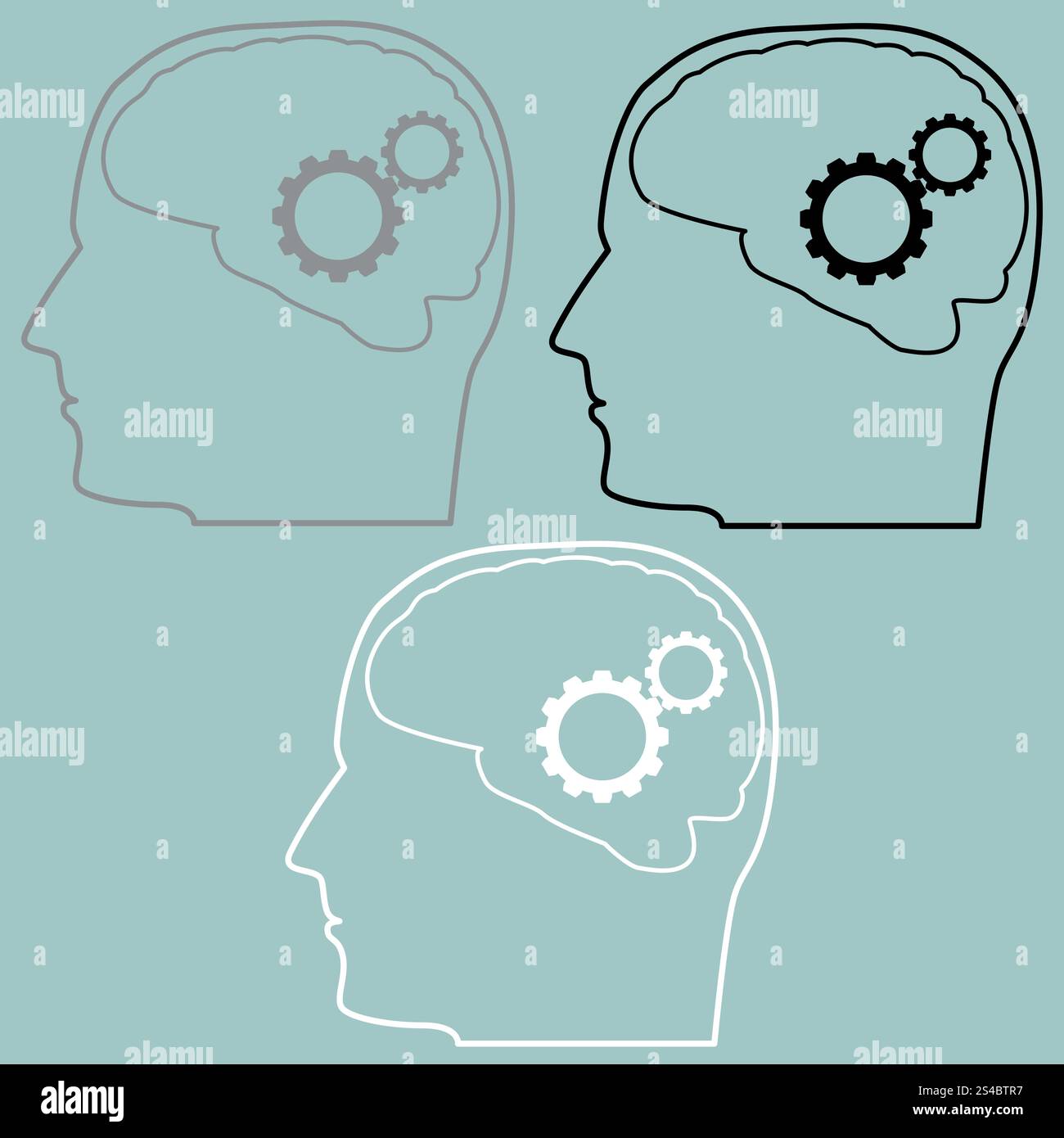 Engrenages dans le cerveau de l'icône de la tête.. Jeu d'icônes d'engrenages dans le cerveau de la tête. Illustration de Vecteur