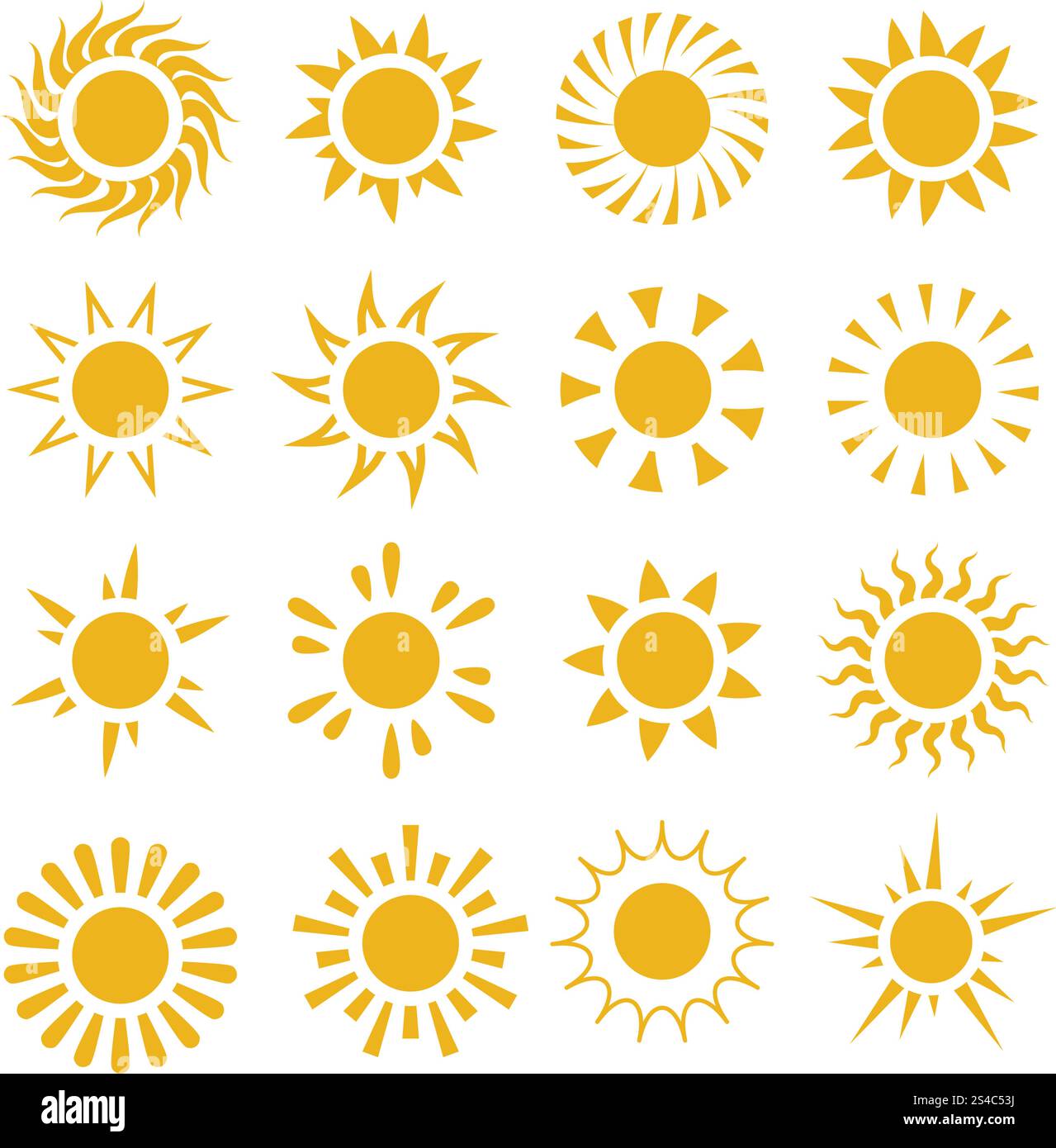 Symboles de vecteur soleil d'été jaune. Symboles de vecteur soleil d'été jaune. Soleil couchant l'été, éclat de soleil et énergie de rayon de l'illustration de groupe d'étoiles du soleil Illustration de Vecteur