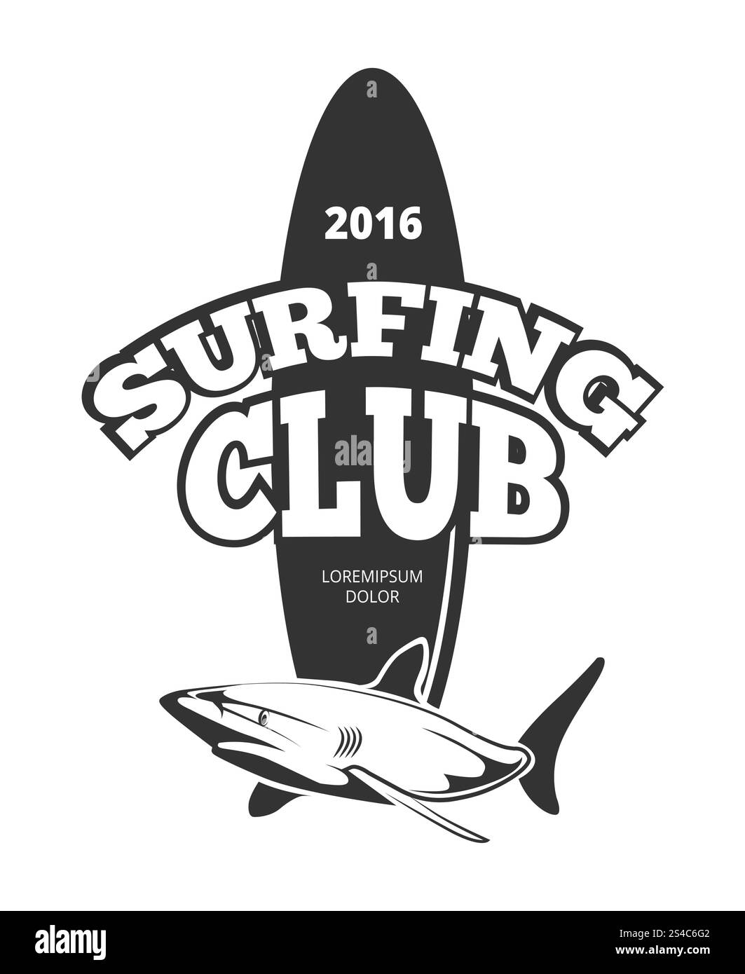 Logo du club de surf avec planche et requin. Logo du club de surf avec planche et requin. Emblème design vintage planche de surf, illustration vectorielle Illustration de Vecteur