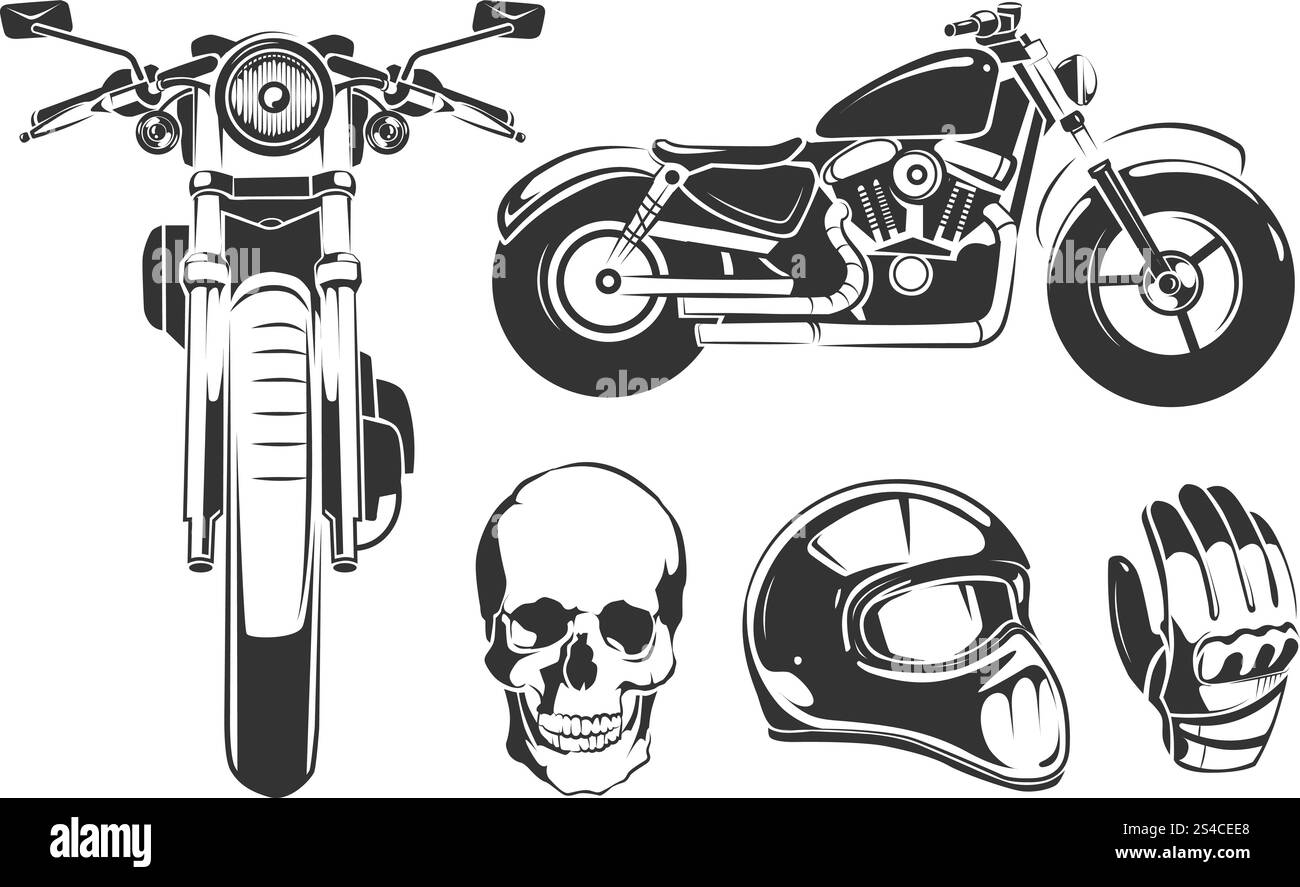 Éléments pour les étiquettes de moto vectorielles vintage. Éléments pour les étiquettes de moto vectorielles vintage. Moto et crâne, gants et casque de moto Illustration de Vecteur