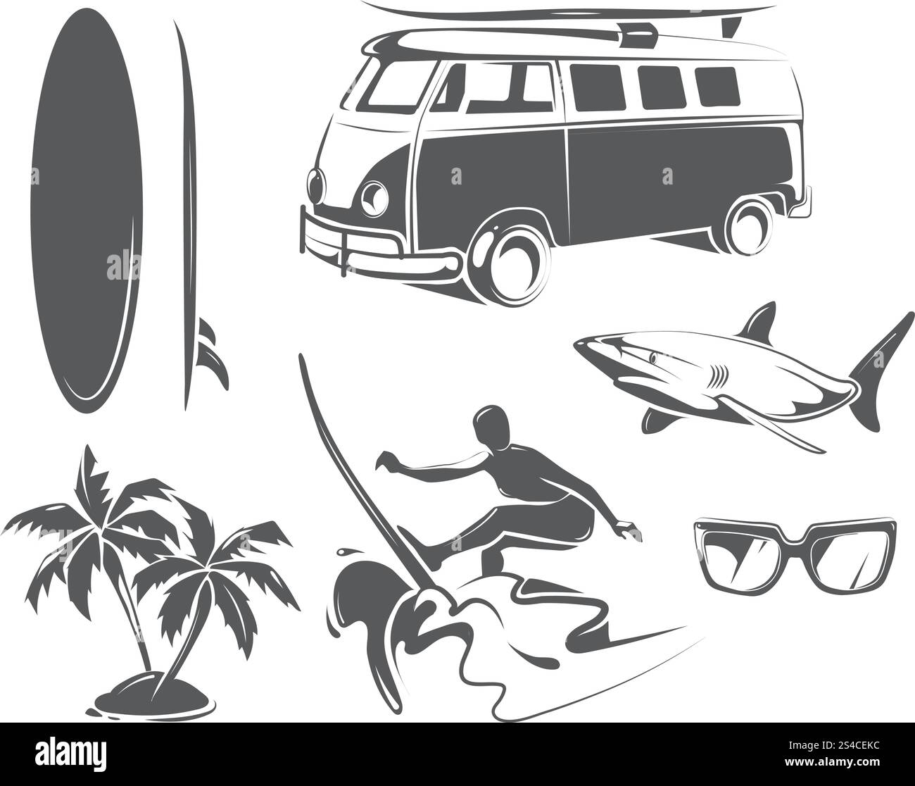 Éléments vectoriels pour le surf d'été. Éléments vectoriels pour le surf d'été. Surf de plage d'été et surf tropical éléments noirs Illustration de Vecteur