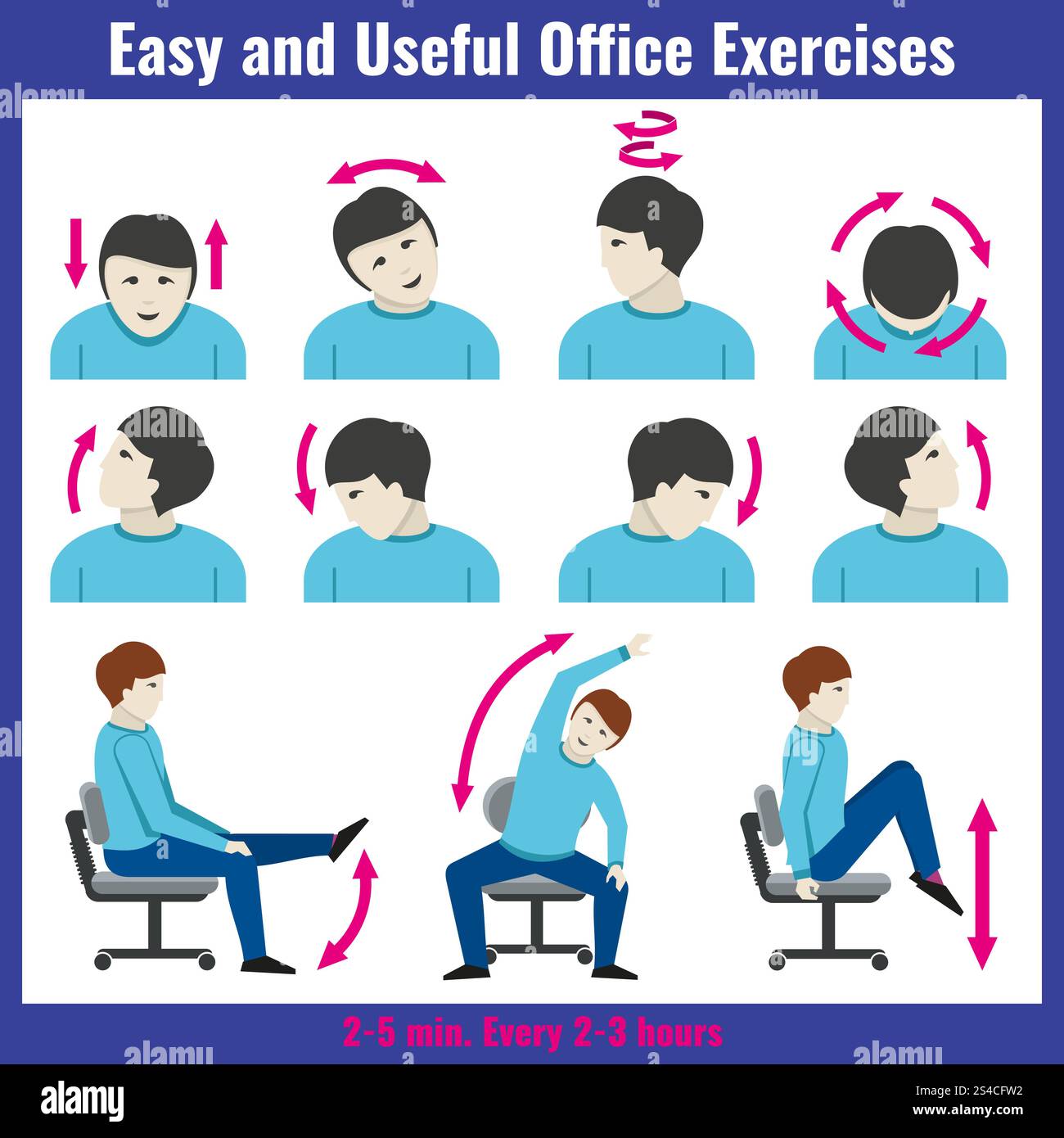 Infographie vectorielle de concept de soins de santé du syndrome Office. Infographie vectorielle de concept de soins de santé du syndrome Office. Syndrome douleur bureau et infographie des exercices de personnes pour l'illustration de travail de bureau Illustration de Vecteur