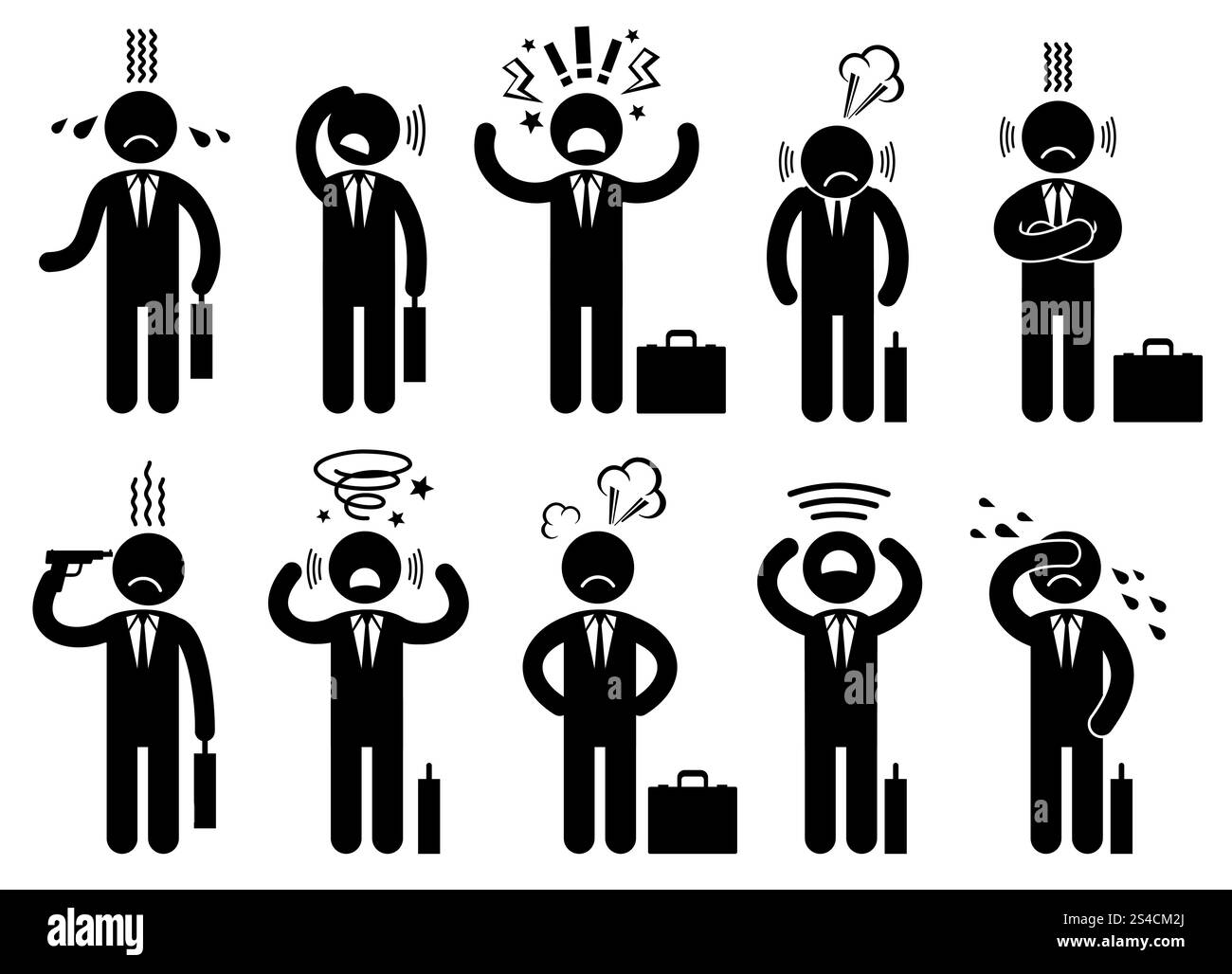 Pression de stress d'homme d'affaires, problèmes mentaux d'affaires, icônes de vecteur de concept avec des personnages de personnes de pictogramme. Pression de stress d'homme d'affaires, problèmes mentaux d'affaires, icônes de vecteur de concept avec des personnages de personnes de pictogramme. Pression mentale et dépression, illustration de la pression mentale des affaires Illustration de Vecteur