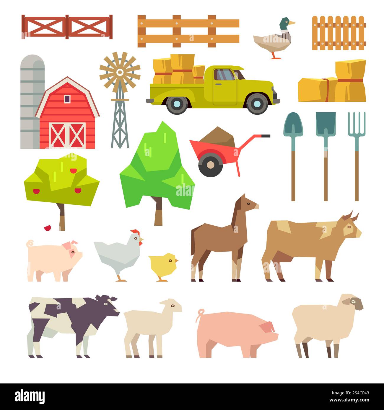 Éléments de ferme de dessin animé, animaux, bâtiment, outils, arbres, machine agricole. Éléments de ferme de dessins animés, animaux et outils, arbres et machines agricoles. Fruit et moulin à vent, illustration de bâtiment agricole Illustration de Vecteur
