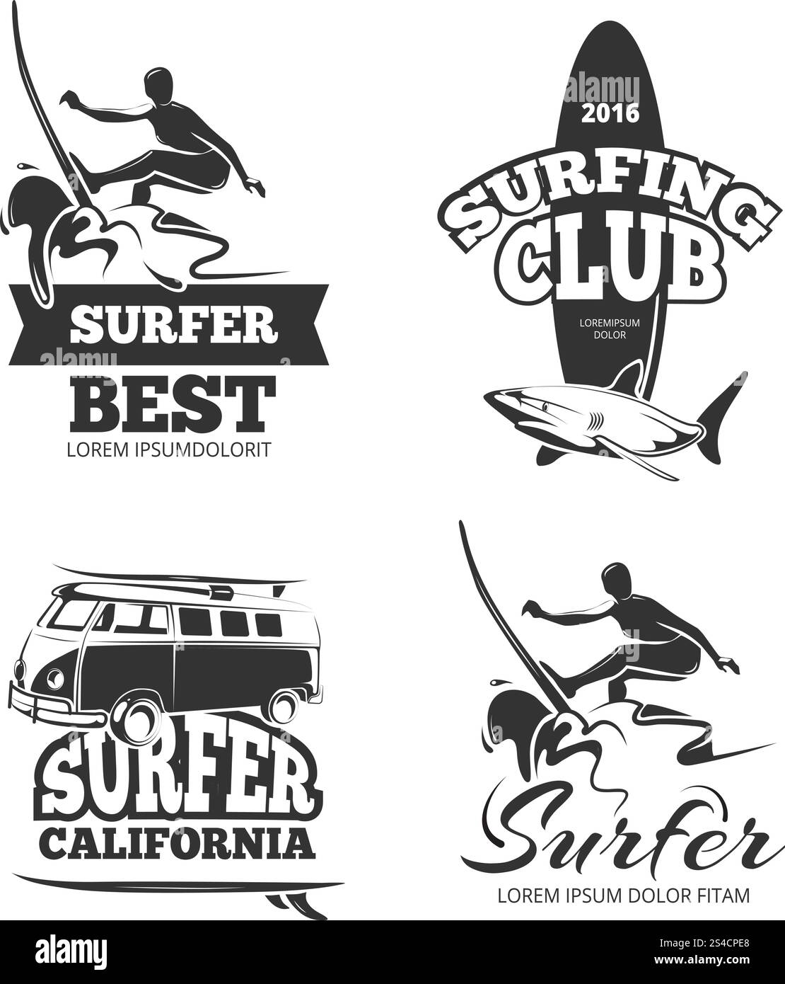 Graphismes, emblèmes et étiquettes de surf noir vintage. Ensemble de vecteurs. Graphismes, emblèmes et étiquettes de surf noir vintage. Logo Surfing Summer et planche de surf et badge de surfeur, vacances de surf en californie. Jeu d'illustrations vectorielles Illustration de Vecteur