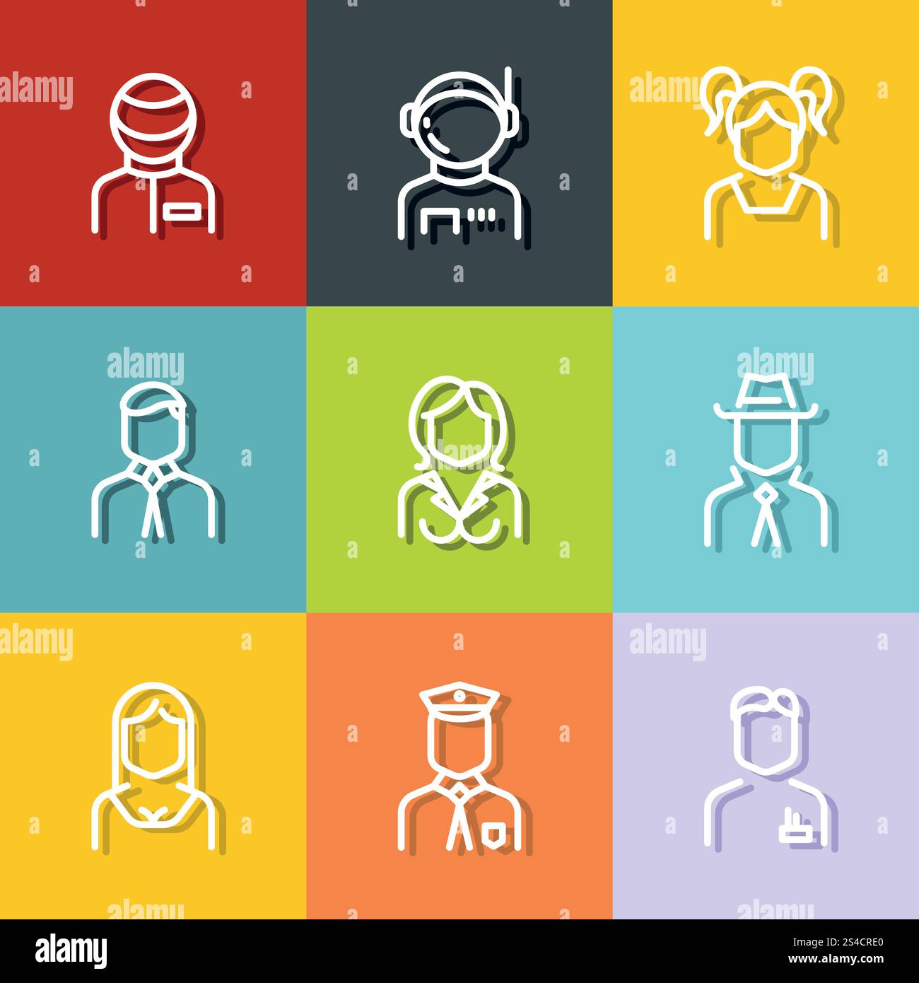 Avatars de personnes, personnel de personnages. Avatars de personnes, personnel de personnages, professions dans le style de ligne sur fond de couleur. Illustration vectorielle Illustration de Vecteur