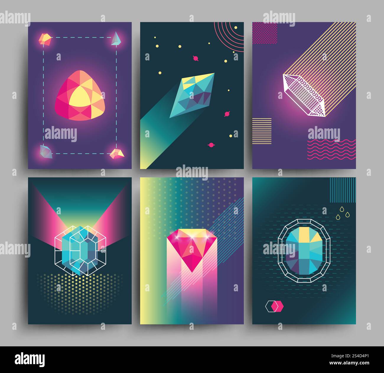 Affiches hipster vectorielles rétro à la mode, carte 3D avec des cristaux, formes géométriques abstraites. Bannière avec cristal de couleur, illustration en pierre de cristal polygone brillante et brillante. Affiches hipster vectorielles rétro à la mode, carte 3D avec des cristaux, formes géométriques abstraites Illustration de Vecteur