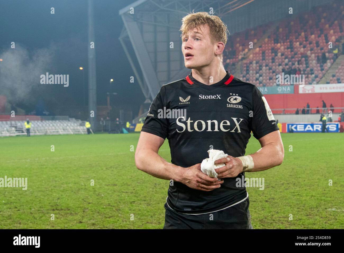 Limerick, Irlande. 11 janvier 2025. Nathan Michelow des Saracens après la Coupe des Champions Investec, Poule 3, Round 3 match entre Munster Rugby et Saracens au Thomond Park à Limerick, Irlande le 11 janvier 2025 (photo par Andrew SURMA/ Credit : Sipa USA/Alamy Live News Banque D'Images