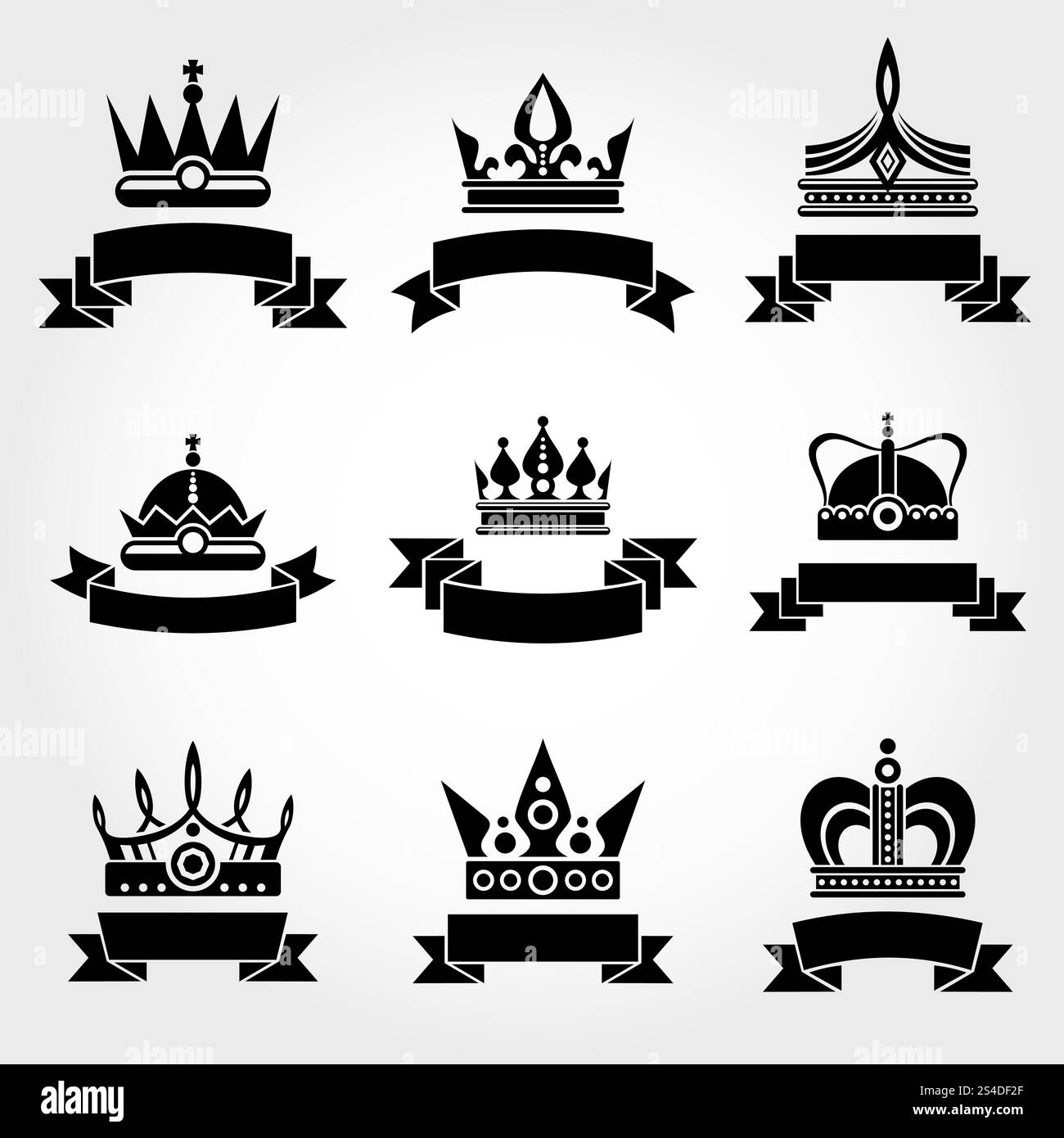 Modèles de logo Royal Vector couronnes et rubans définis en noir. Illustration de conception monochrome d'étiquette de couronne. Modèles de logo Royal Vector couronnes et rubans définis en noir Illustration de Vecteur