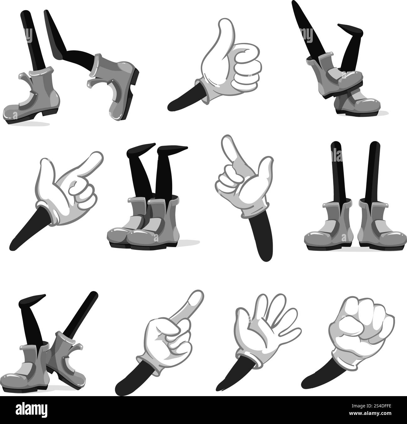 Vecteur de mains et de jambes de dessin animé. Collection de mains et de jambes de bande dessinée pour l'animation, illustration de la main comique dans des chaussures de gants et de jambes. Collection vectorielle de mains et jambes de dessin animé Illustration de Vecteur