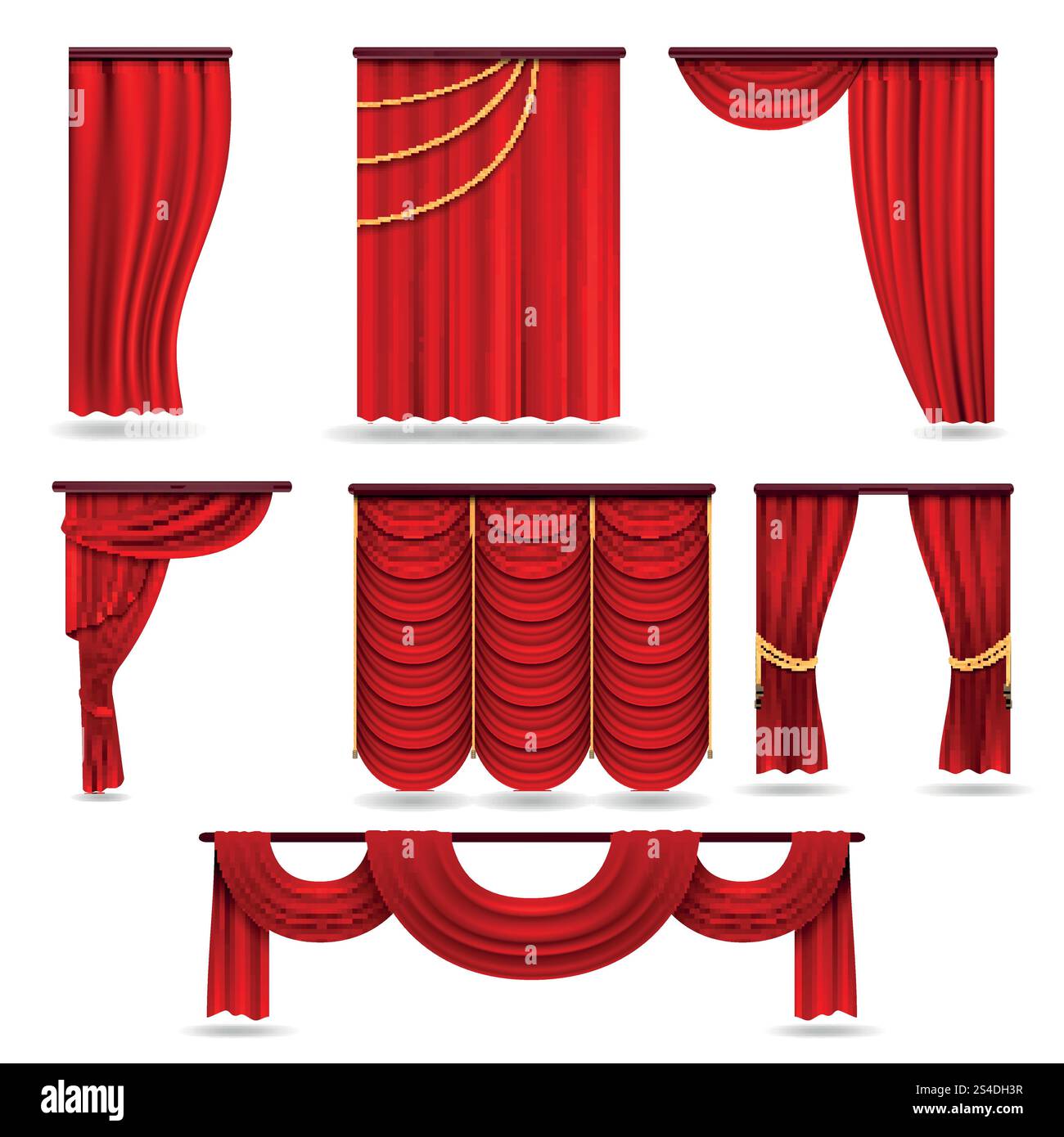 Rideaux de scène en velours rouge, draperie de théâtre écarlate isolée sur un ensemble vectoriel blanc. Rideaux classiques en soie pour décor d'opéra, illustration de rideau de théâtre rouge de présentation. Rideaux de scène en velours rouge, draperie de théâtre écarlate isolée sur un ensemble vectoriel blanc Illustration de Vecteur